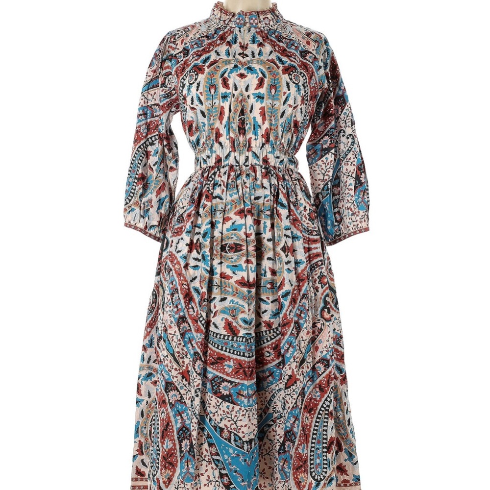 Multicolored Paisley Dress with Mock Neck and Bishop Sleeves